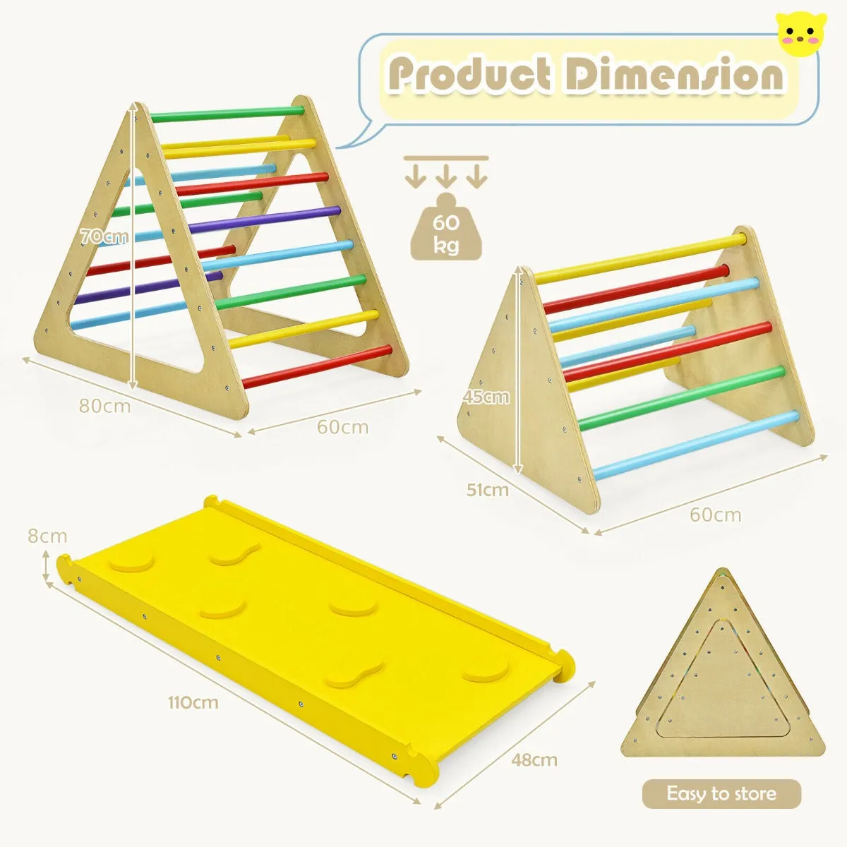 3 in 1 Climbing Toy Set with 2 Triangle Ladders and Double-Sided Ramp-Colourful