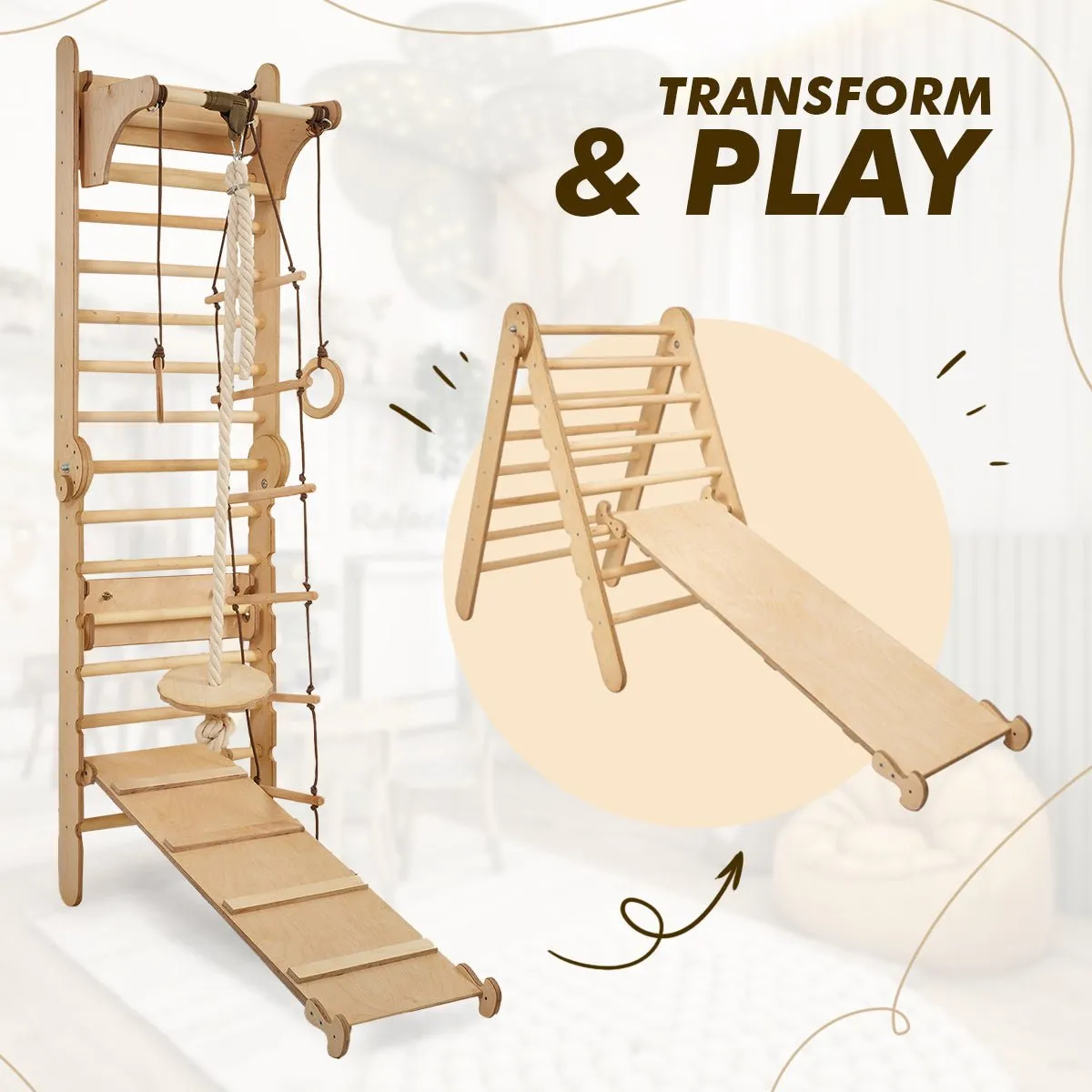 4in1 Wooden Swedish Wall / Climbing Ladder For Children   Swing Set   Slide Board   Art Add-on
