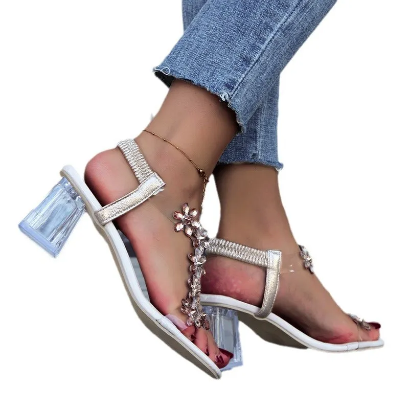 Amozae--2024  foreign trade new waterproof platform transparent crystal high heel thick heel flower Roman women's sandals manufacturers wholesale