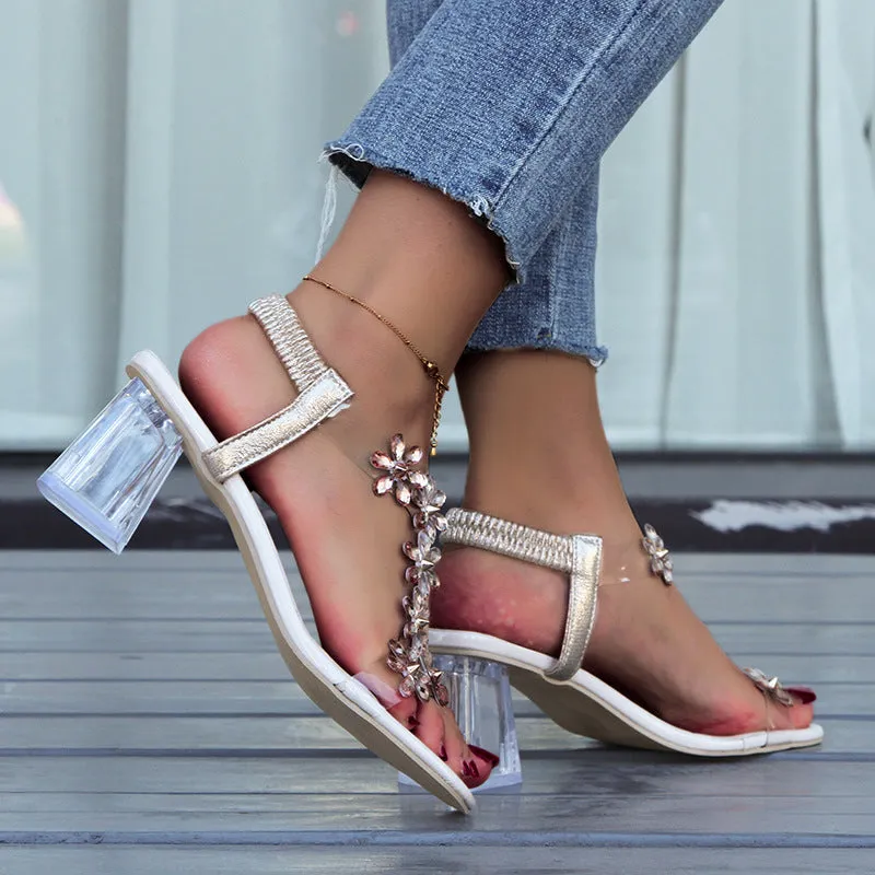Amozae--2024  foreign trade new waterproof platform transparent crystal high heel thick heel flower Roman women's sandals manufacturers wholesale