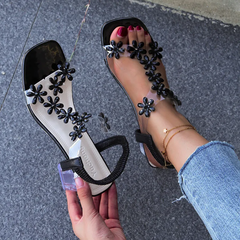 Amozae--2024  foreign trade new waterproof platform transparent crystal high heel thick heel flower Roman women's sandals manufacturers wholesale