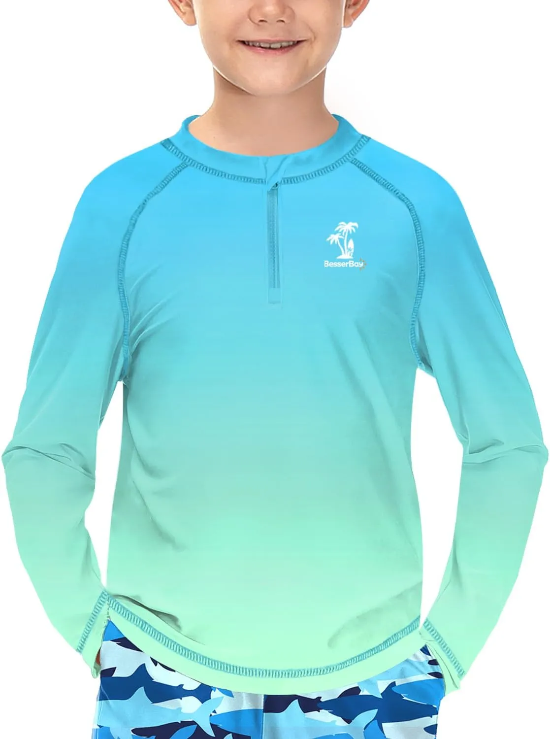 BesserBay Boys UPF 50  Half Zip Rash Guard UV Protection Raglan Long Sleeve Swim Shirt 4-12 Years