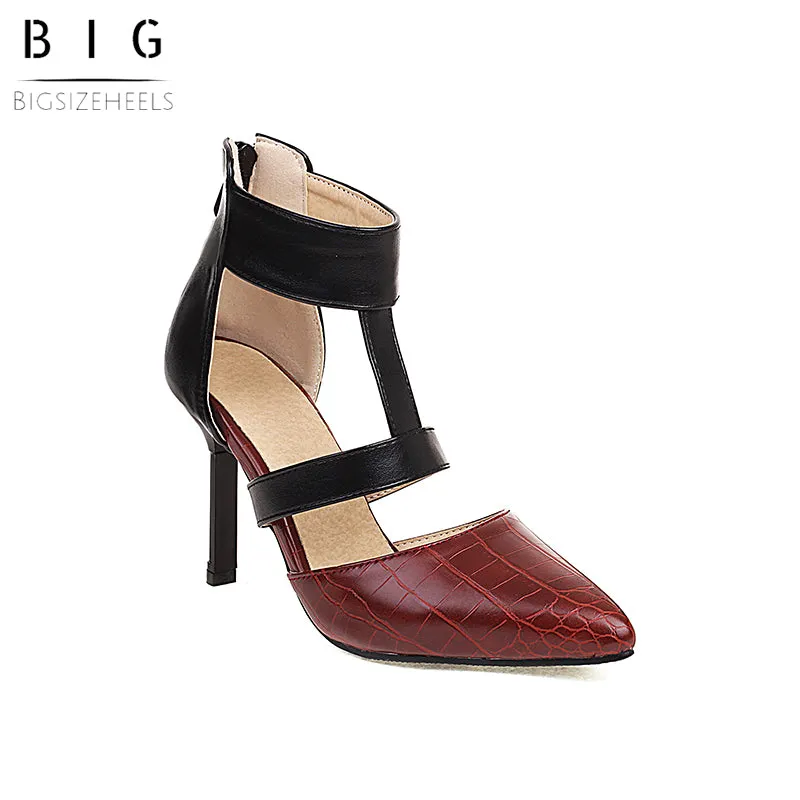 Bigsizeheels T Strap Pointed Toe Stiletto Heels Sandals - Burgundy