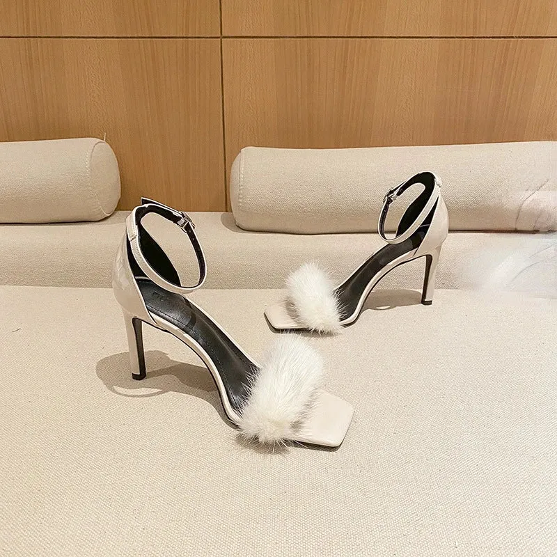 Hnzxzm Summer New Mink Fur Women's Luxury High Heels One Word Buckle Solid Color Square Toe Stiletto Sexy Women's High Quality Sandals