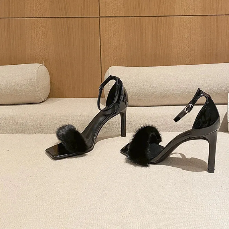 Hnzxzm Summer New Mink Fur Women's Luxury High Heels One Word Buckle Solid Color Square Toe Stiletto Sexy Women's High Quality Sandals