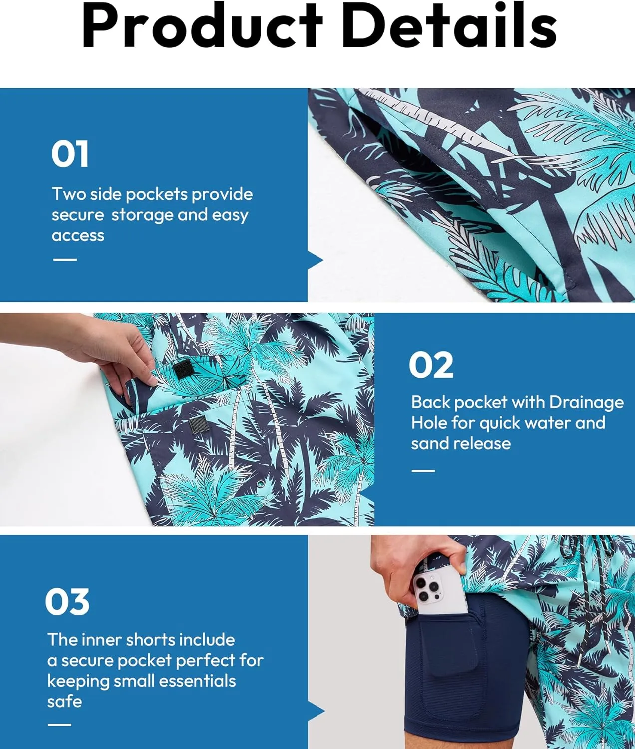 Milin Naco Mens Swim Trunks 7 Inch Inseam Compression Liner 2 in 1 Printed Swimming Short