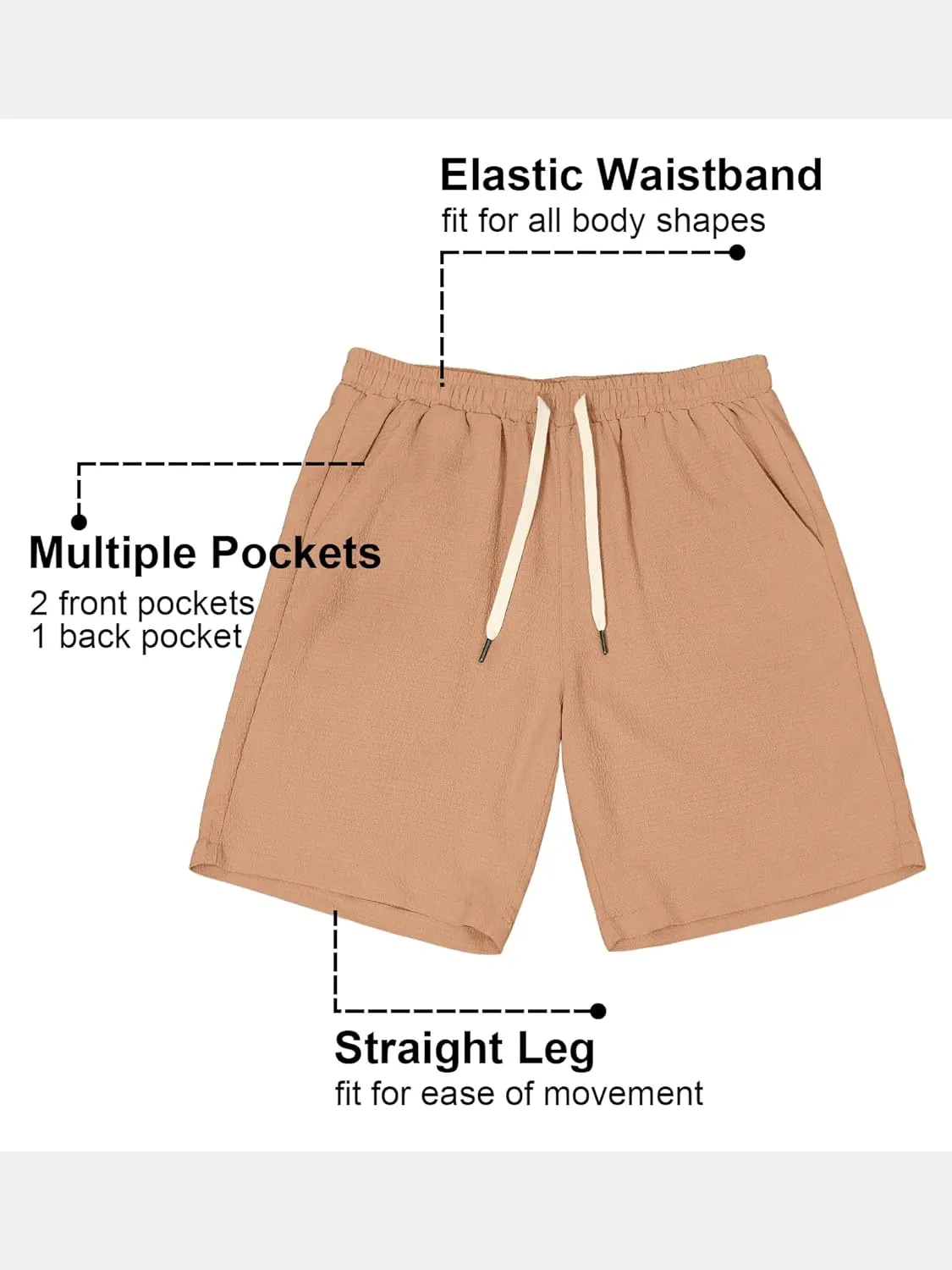 PLEPAN Mens Casual Shorts Lightweight Summer Beach Shorts Elastic Waist Drawstring Stretch Seersucker Textured Shorts for Men