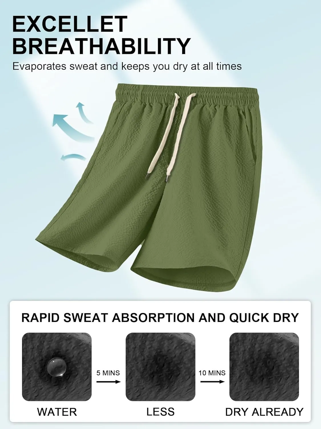 PLEPAN Mens Casual Shorts Lightweight Summer Beach Shorts Elastic Waist Drawstring Stretch Seersucker Textured Shorts for Men