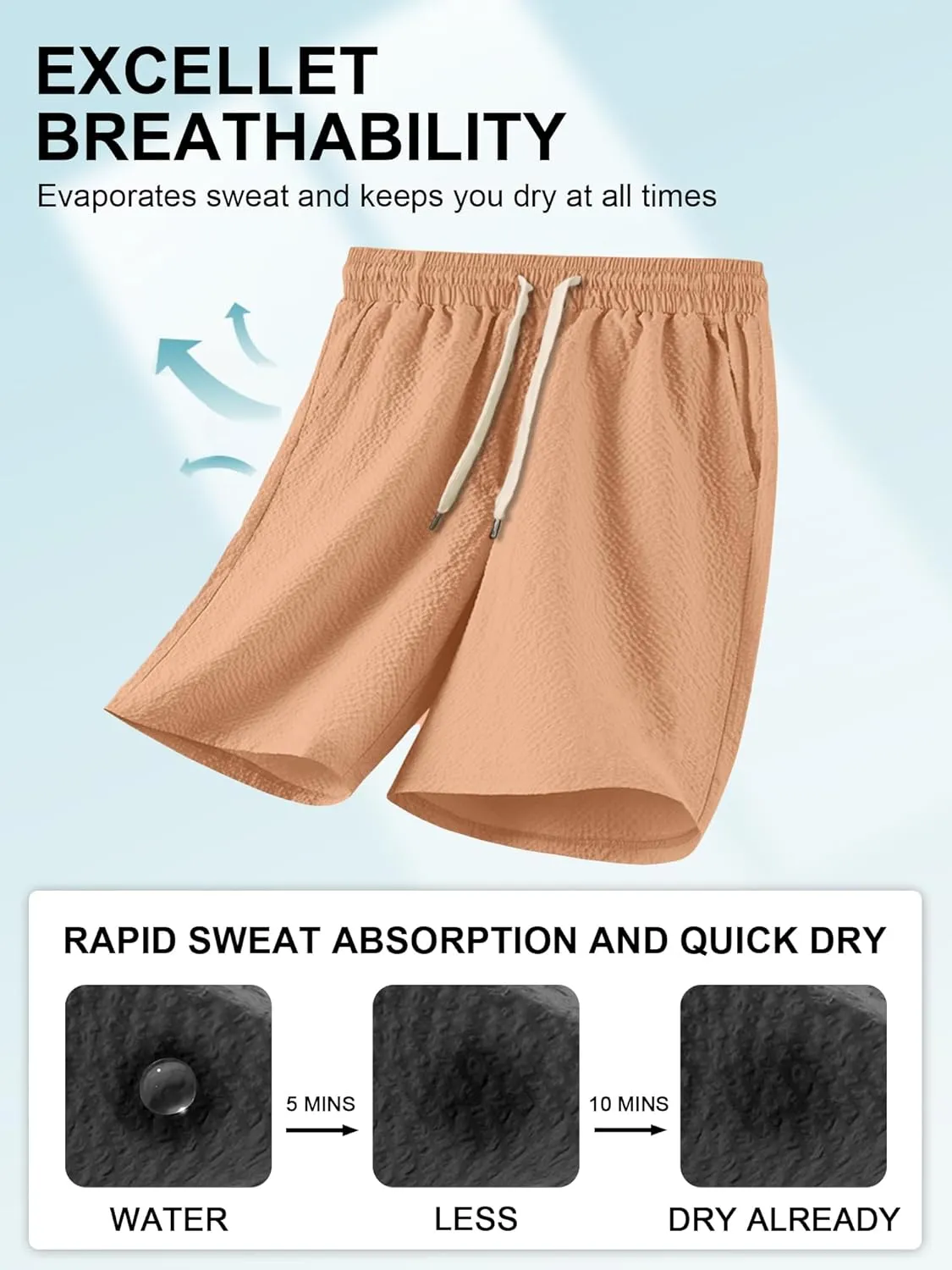 PLEPAN Mens Casual Shorts Lightweight Summer Beach Shorts Elastic Waist Drawstring Stretch Seersucker Textured Shorts for Men