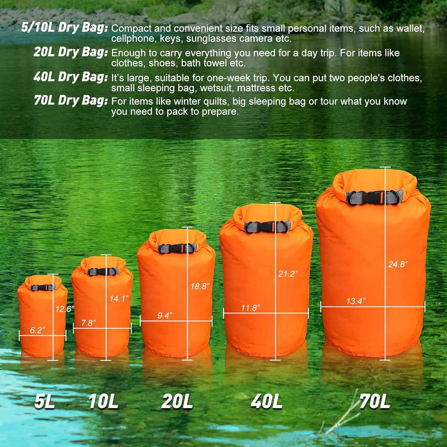 R2Depot Waterproof Dry Bag, 5L/10L/20L/40L/70L Dry Storage Bag for Kayaking, Gym, Hiking, Swimming (Green, 5L)