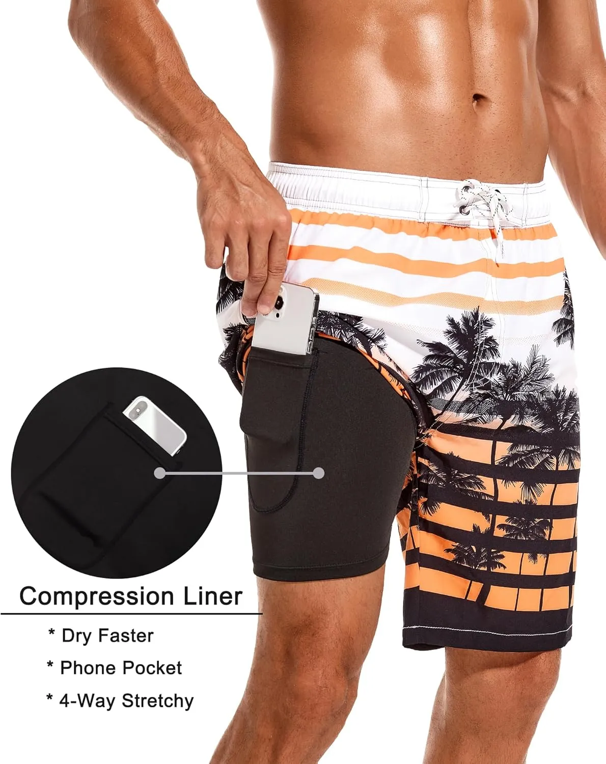 SILKWORLD Mens Swim Trunks with Compression Liner 9" Beach Board Shorts Men 2 in 1 Quick Dry Bathing Suit with Pockets