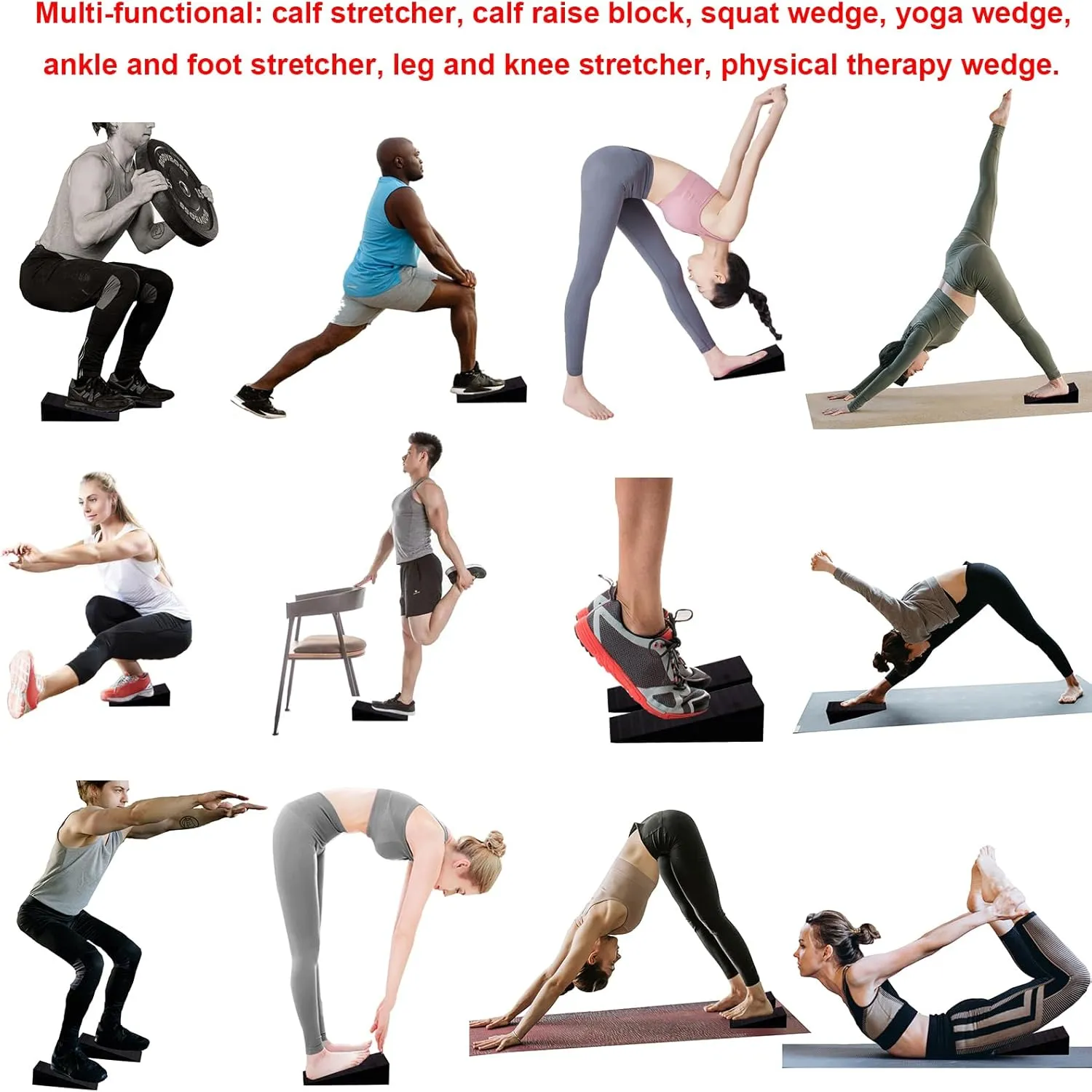 Squat Wedge Block Non-Slip Slant Board Calf Stretcher, 2pcs Ankle Knee Leg Stretcher, Heavy Duty Incline Ramp for Heel Elevated Squat, ATG Split Squat, deadlift, Lunge, Yoga, Pilates, Physical Therapy