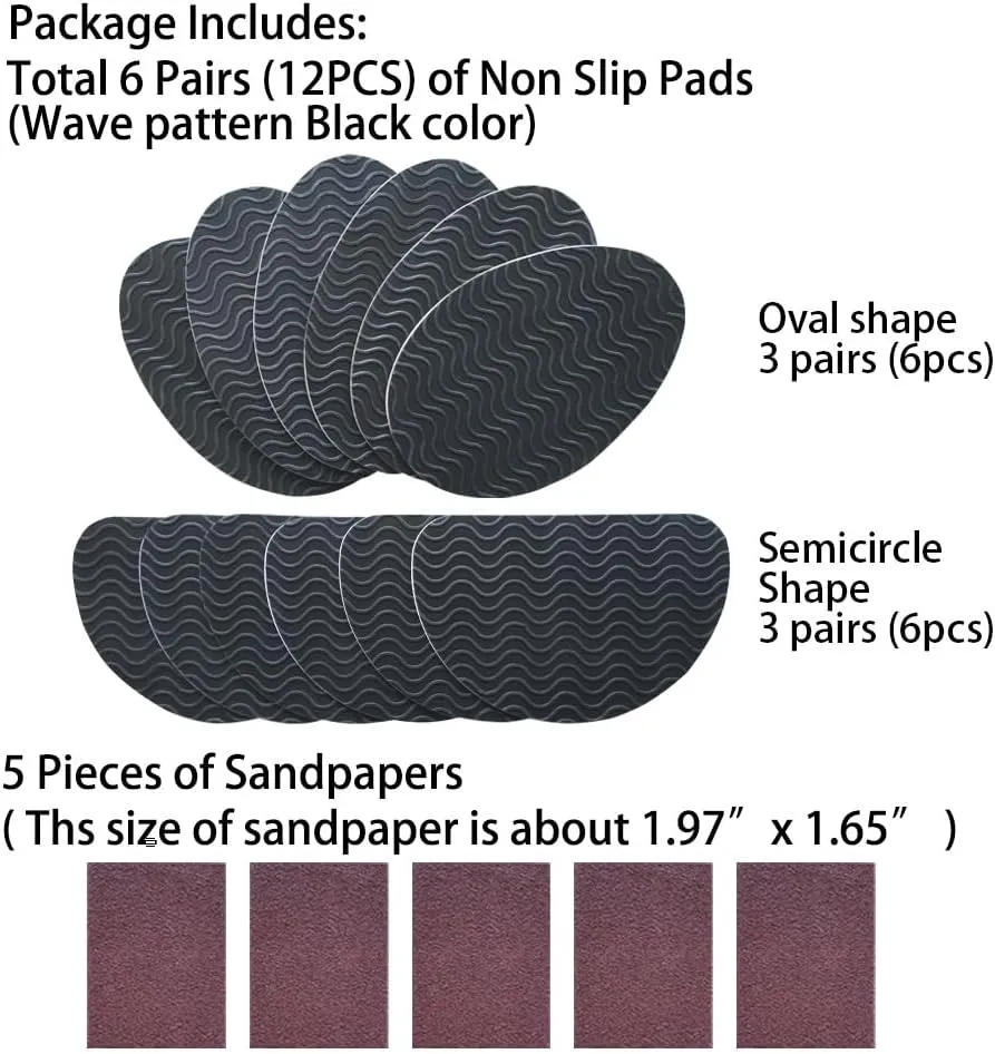 UNIKSTEP 6 Pairs (12 Pieces) Shoe Sole Non Slip Pads, Anti Skid Self Adhesive Rubber Grips, Shoe Bottom Front Sole and Heel Noise Reduction Protector Cushions (Black with Wave Pattern)